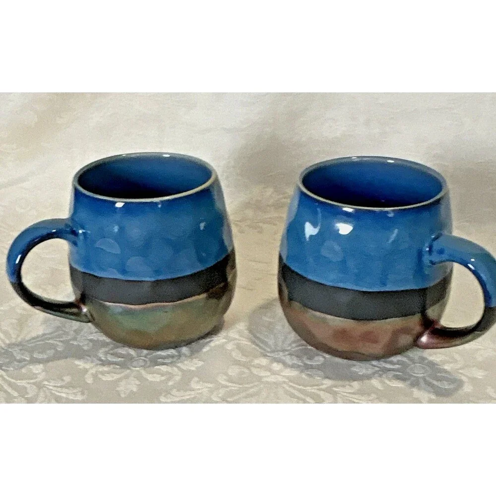 Set 2 Signature Housewares Sarah Mugs Iridescent Metallic Blue Bronze Stoneware
